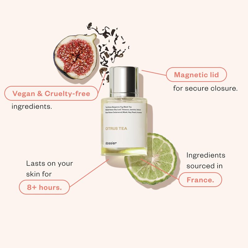 Dossier - Citrus Tea 1.7 Fl oz (50ml) - Perfume Inspired by Labo Thé Noir - Pure Infused - Paraben Free - Vegan - For Women Men Unisex