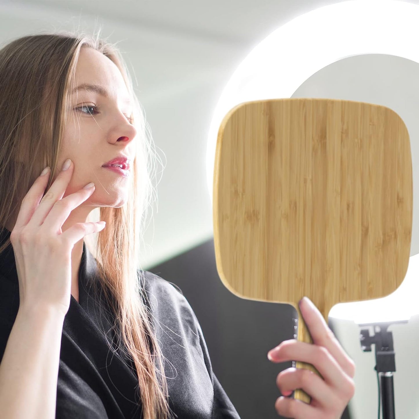 YEAKE Extra Large Bamboo Handheld Mirror - Portable Single-Sided Vanity Mirror for Men & Women | 8.9" W x 12.4" L