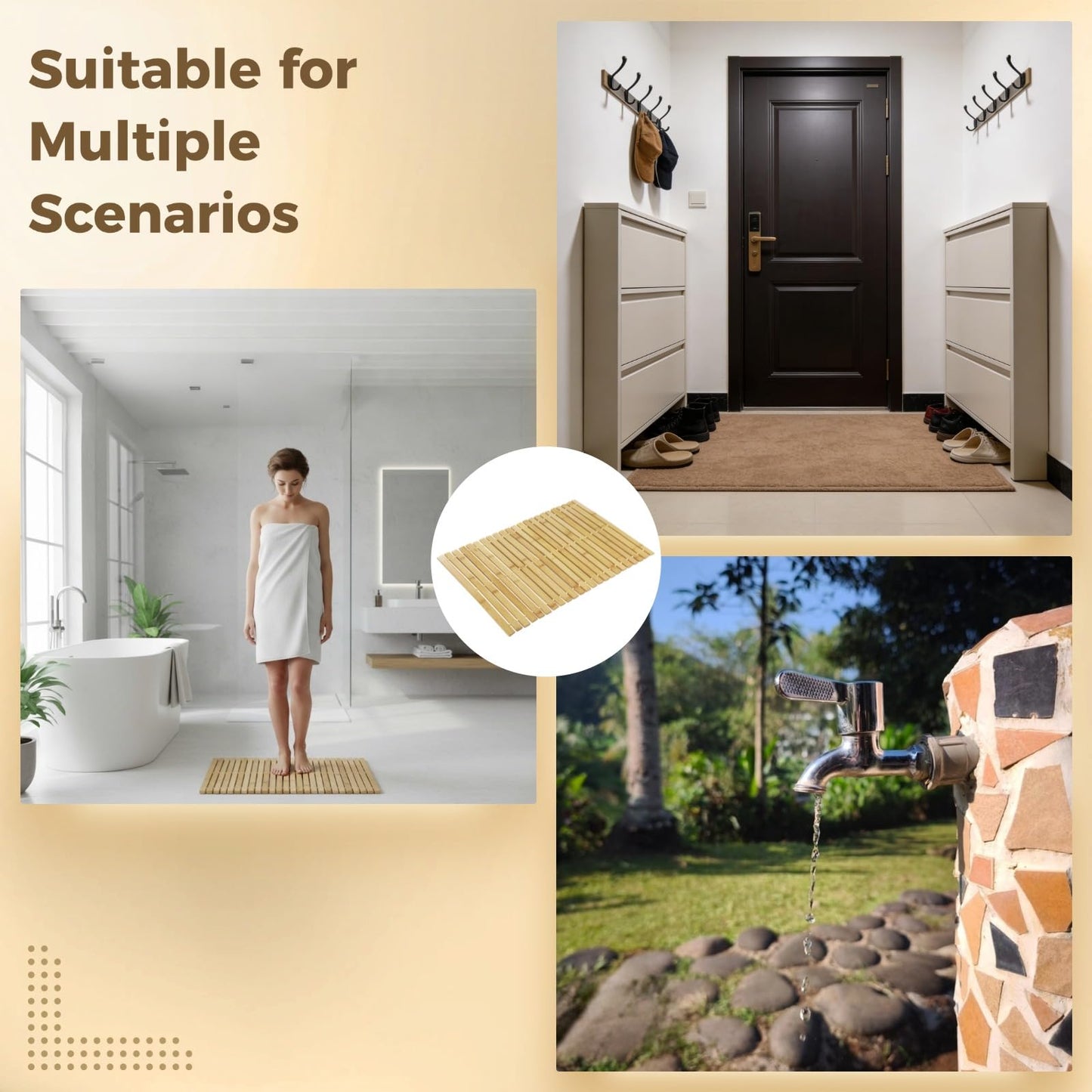 2 Pcs Bamboo Bath Mat, 23.6 x 15.7 in Hand Woven Wooden Shower Mat, Non-Slip Waterproof for Bathroom, Spa, Sauna, Outdoor Use