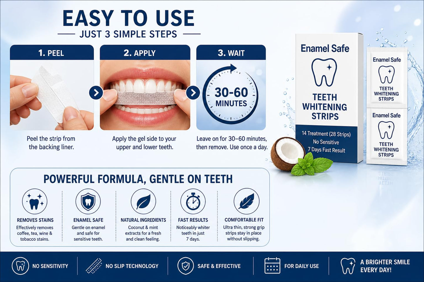 Teeth Whitening Strips for Sensitive Teeth – 28 Strips (14 Treatments) – Coconut & Mint – Gentle, Enamel Safe, Visible Results in 7 Days