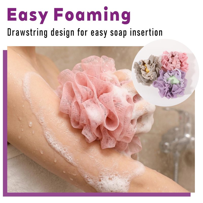 HJZHII 3Pcs Loofah Washcloth Combo 2 in 1, Bar Soap Loofah Pouch Can Hold Soap Exfoliating and Reusable Shower Sponge for Bathing