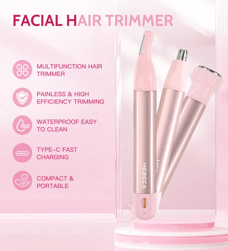 HEBECA Nose Hair Trimmer for Women 3in1 Facial Hair Removal Trimmers- Rechargeable, Waterproof, Portable with Travel Bag- Trims Nose, Ear, Eyebrow, Peach-Fuzz, Lips, Chin Face Hair Remover (Pink)