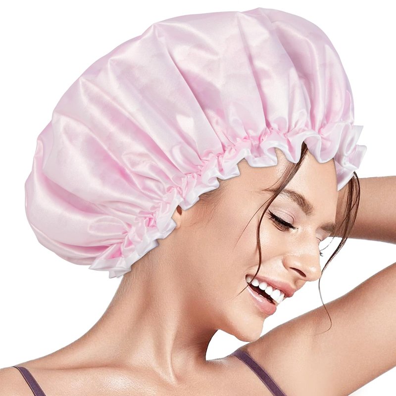 Aquior Shower Cap for Women, Waterproof Reusable Hair Cap with Soft Elastic, Large Size for Long Hair, Cute Pink Bath Cap for Shower, Skincare, Cooking, Spa and Travel Use