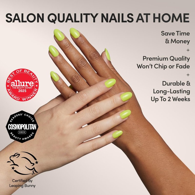 Glamnetic Press On Nails - Neon Lime Green Short Oval | Salon Quality 30 Nail Kit in 15 Sizes
