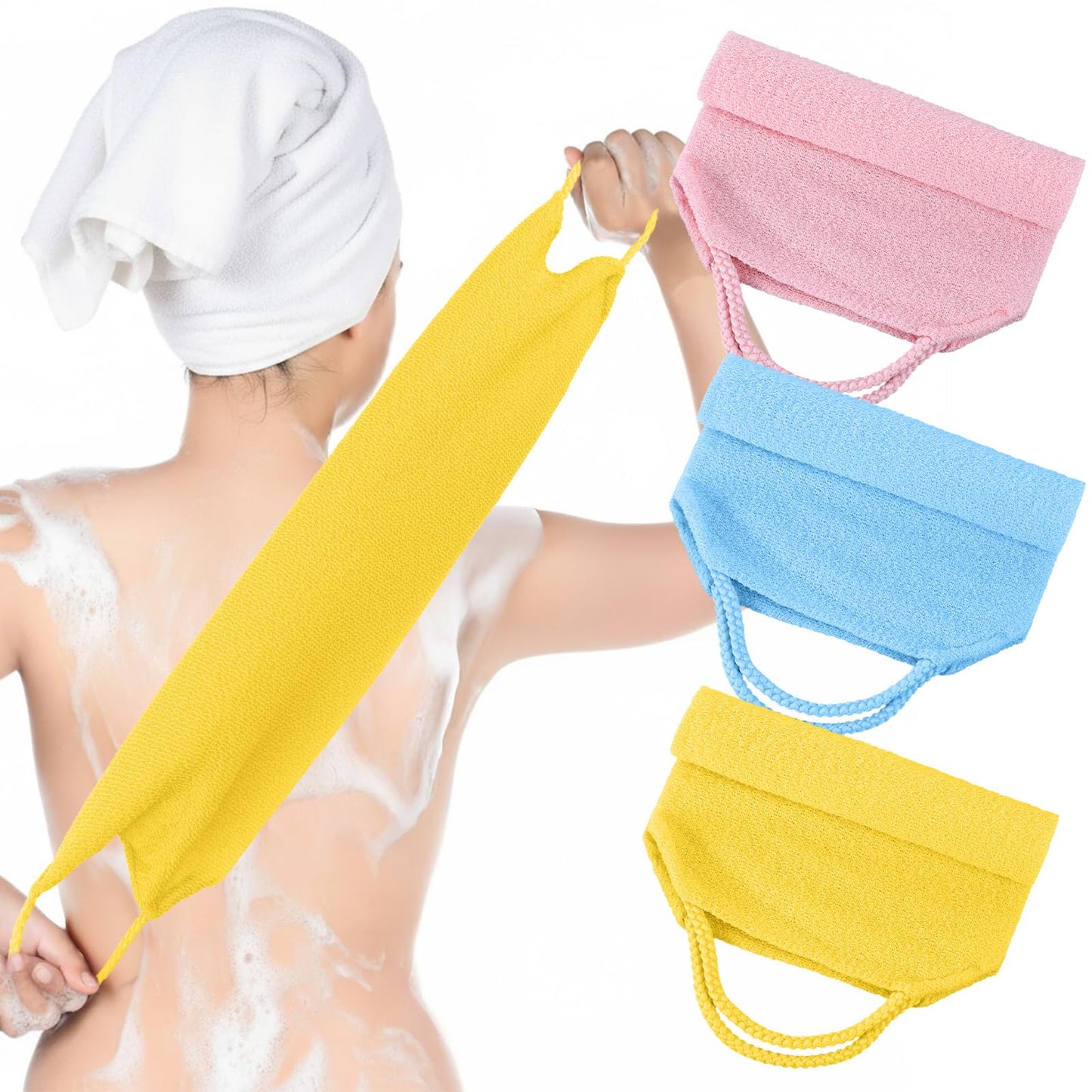 Body Wash Towel, 3 Pcs Double-Sided Back Exfoliator Body Scrub Towel, Nylon Back Scrubber with Handles, Stretchable BackWasher for Shower for Women Men(Blue, Pink, Yellow)