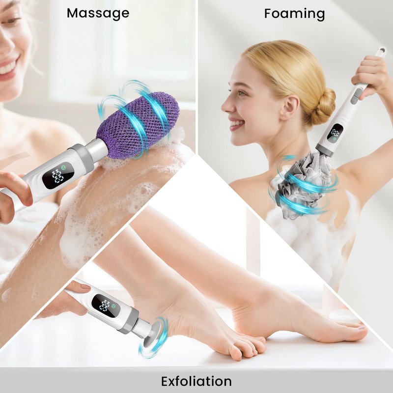 Electric Body Brush Back Scrubber for Shower, Electric Body Brush with Long Handle, Waterproof Rechargeable Bath Brush Body Scrubber with 3 Brush Heads & 2 Speeds for Cleansing and Exfoliating Skin