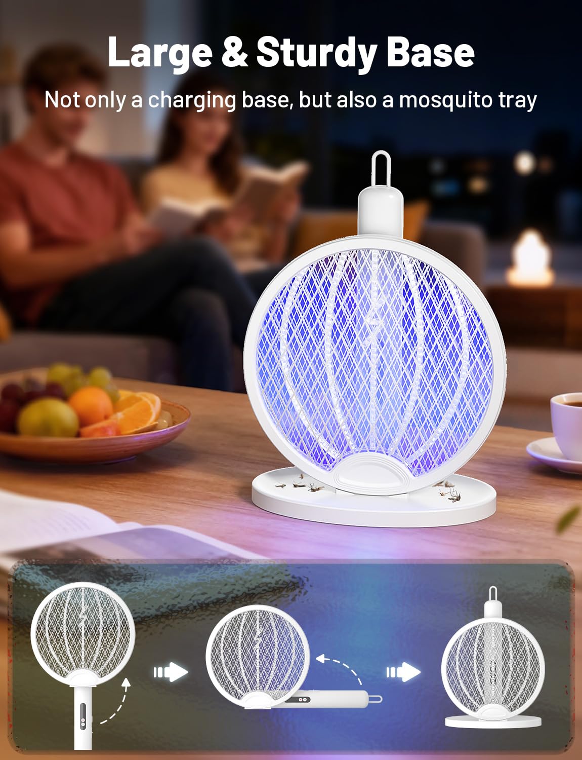 YISSVIC 2 in 1 Mosquito Killer Racket, 4000V Foldable Electric Fly Swatter with Charging Base & Purple Light, Rechargeable 1800mAh Bug Zapper Indoor for Home, Patio, Backyard, Camping Use