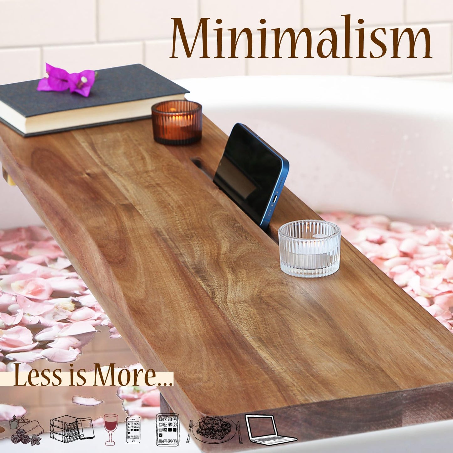 Stylish Black Bamboo Bathtub Tray Caddy with Adjustable Legs, Minimalistic Design Bath Tray for Tub, Bathtub Accessories, Fits Most Bath Tubs, Idea for Women