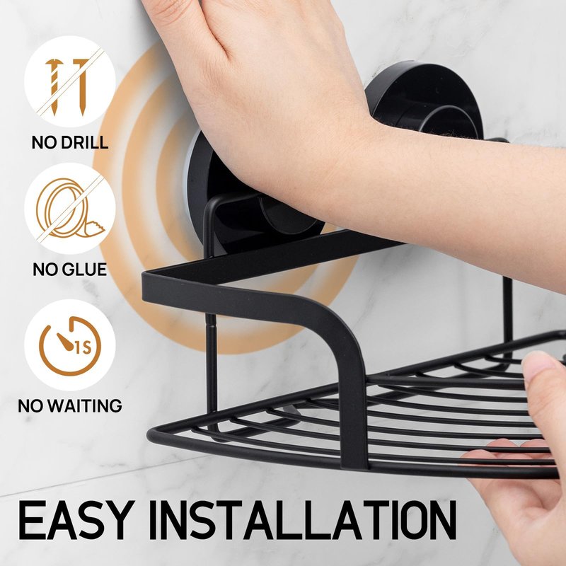 LEVERLOC 2 Pack Corner-adaptive Suction Cup Shower Caddies, Drill-Free Wall Mounted Basket, Stainless Steel Rustproof Corner Shower Shelf, Large Capacity Removable Suction Bathroom Organizer, Black