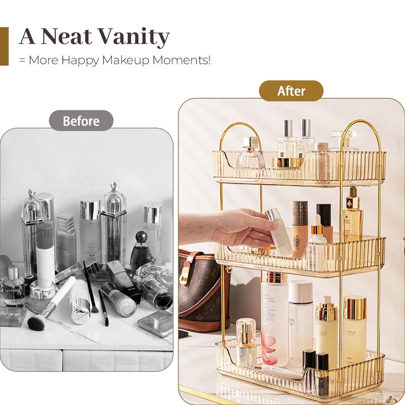 Bathroom Counter Organizer Countertop, 3 Tier Makeup Perfume Shelf Storage, Skincare Cosmetic Tray for Dresser Vanity - Gold