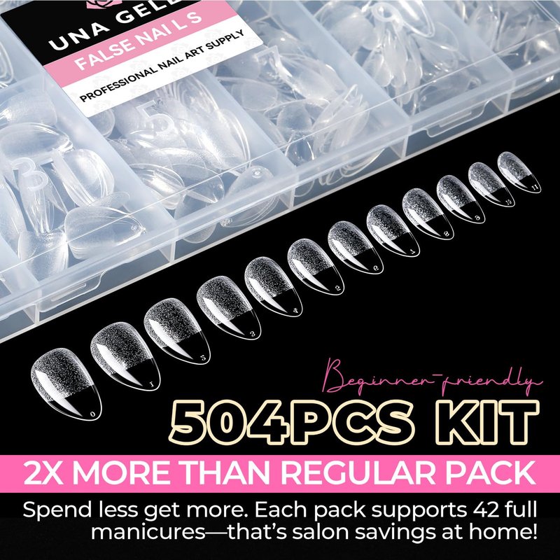 Short Almond Nail Tips - 504PCS Soft Press-On Gel Nails | Pre-Shaped Full Cover Acrylic Gelly Tips in 12 Sizes