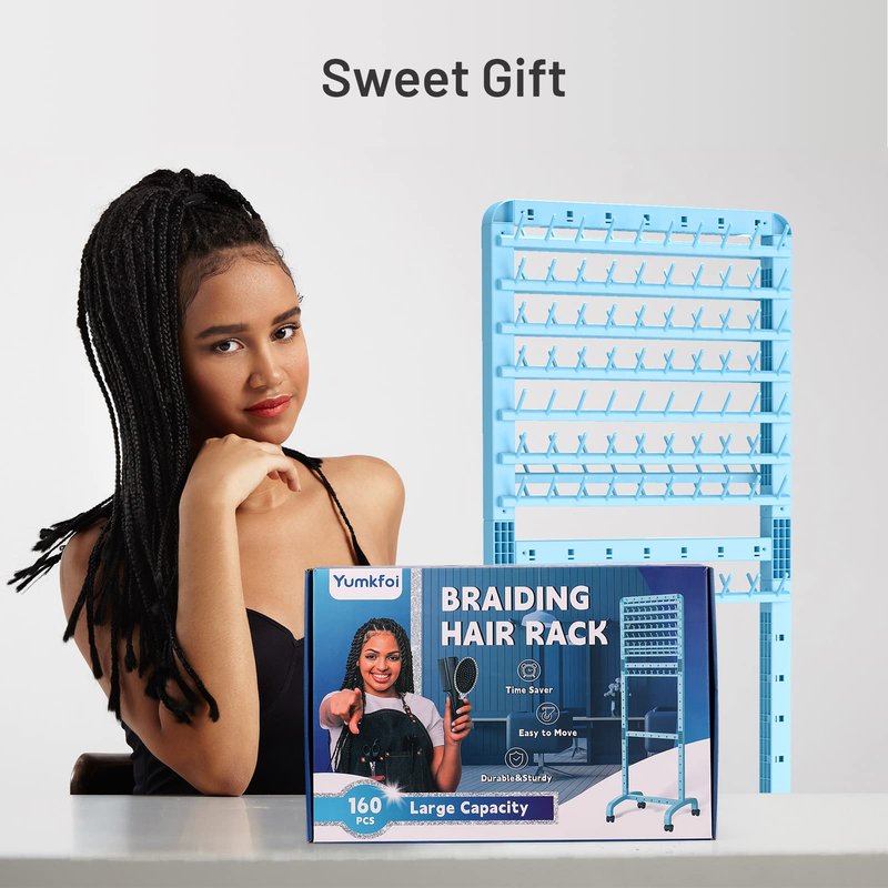 Yumkfoi Adjustable Braiding Hair Rack 160 Pegs, Double-Sided Standing Hair Stand for Braiding, Adjustable Height Braid Rack with Wheels for Stylists
