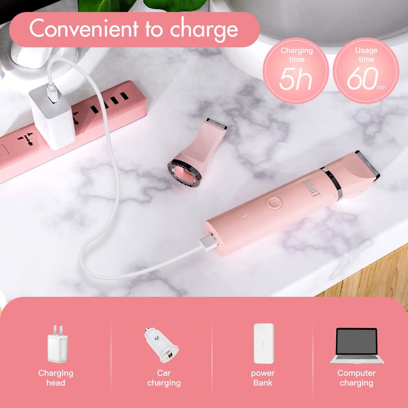 AIBRIT PRO Electric Bikini Trimmer for Women - 2 in 1 Electric Lady Clipper Pubic Hair Groomer Painless Hair Removal Razor Body Shaver, Portable Ladies Shaver with 2 Trimmer Heads, IPX7 Waterproof