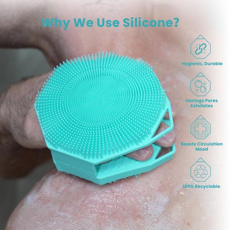iTokGoK® Premium Silver-Infused 2-in-1 Silicone Body Scrubber, Double-Sided Design Body Brush Silicone Body Scrubber Exfoliating Body Brushes for All Skin for Showering, Lathers Well - Mint Green