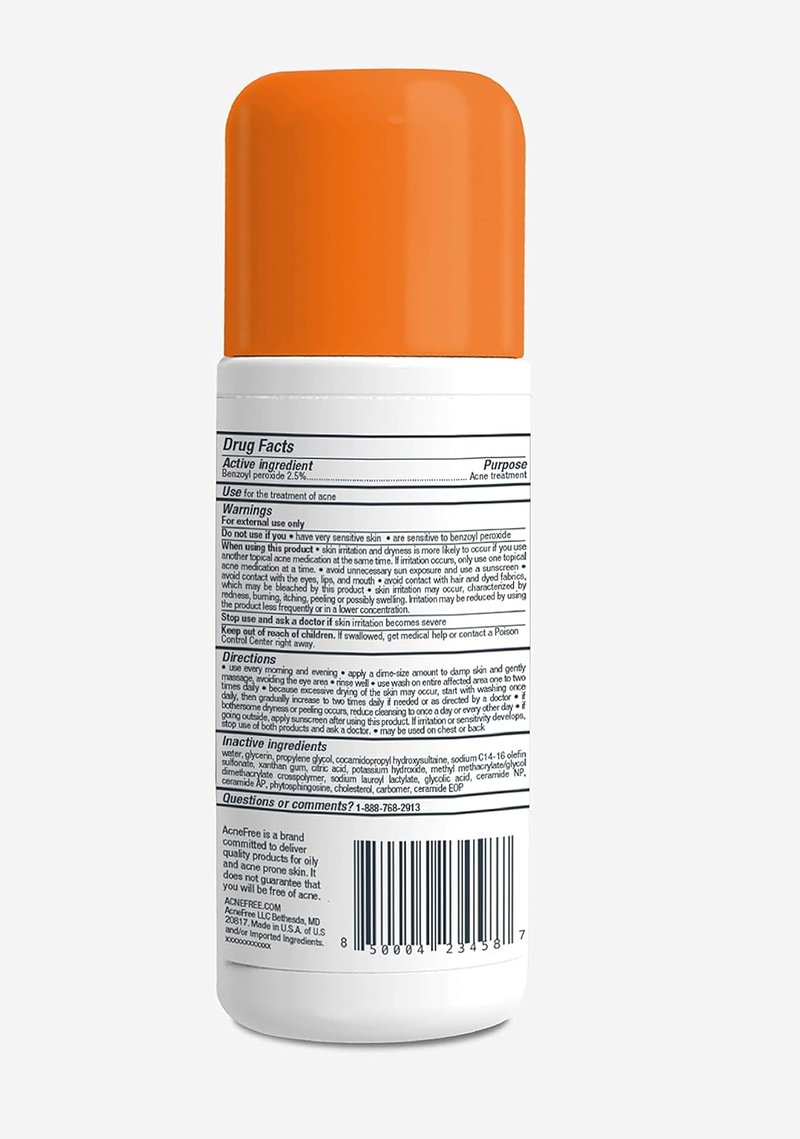 AcneFree Oil-Free Cleanser - Benzoyl Peroxide 2.5% & Glycolic Acid for Breakouts | 8 Fl Oz