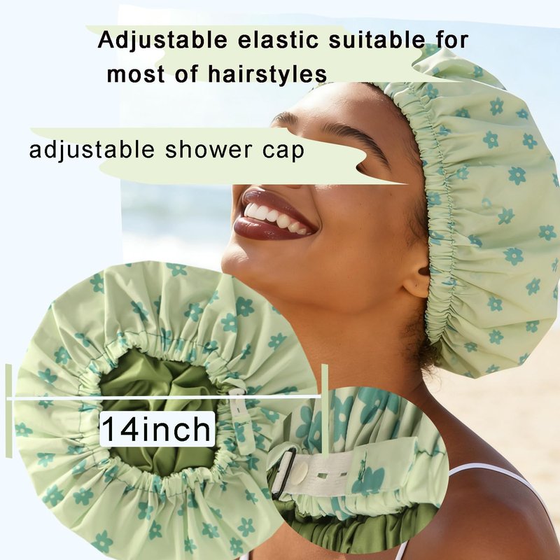 2Pcs Genergy Luxury Satin lined Shower Cap With Scrunchy and Packing Bag Waterproof Baths Cap For All Hair Lengths Frizz Free Reusable Adjustable Large Double Layers Cap for Women Shower Spa Travel