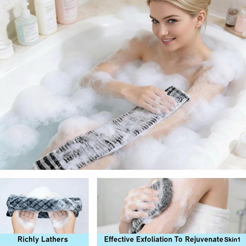 Exfoliating Shower Towel, 47-Inch Extra Long Dual-Sided Exfoliating Towel for Shower, Deep Cleansing & Gentle Exfoliation for Smooth Sensitive Skin (Black+Pink)