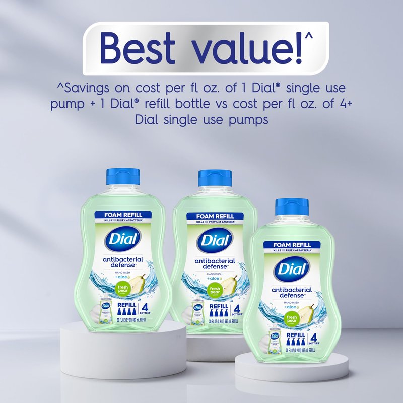 Dial Antibacterial Defense Foaming Hand Soap + Aloe, Fresh Pear Scent, 30 Fl Oz Hand Soap Refill (Pack of 4), Dermatologist-Tested, Gentle on Skin