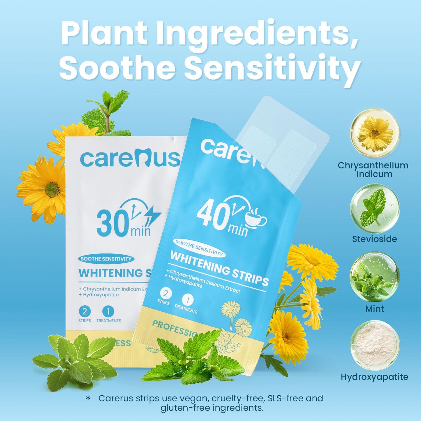 Carerus Teeth Whitening Strips, 8 Treatments, Hydroxyapatite Formula for Sensitive Teeth, Enamel-Safe & Residue-Free, Gentle Tooth Whitener, Mint, Last-Minute Hangouts (16 Strips)