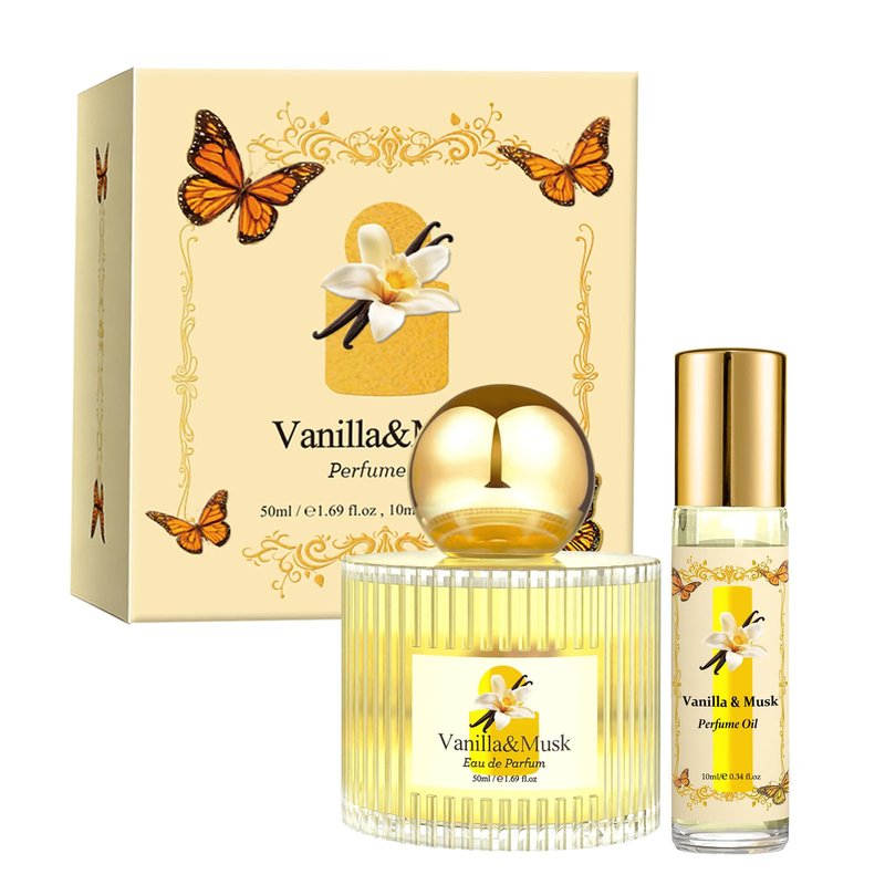 Jgppe Vanilla Musk Perfume Gift Set for Women, 1.7 fl oz Eau de Parfum Spray + 0.34 fl oz Roll On Perfume Oil, Long Lasting Sweet Warm Vanilla Perfume Set, Travel Friendly Gourmand Perfume for Women