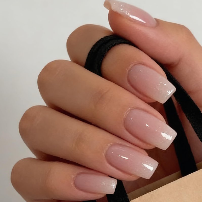 24Pcs Glazed Pink Press On Nails Short Square - Soft Gel Fake Nails, Reusable Glue On Nails Kit for Women, Natural Glossy Finish, PINK GLAZE