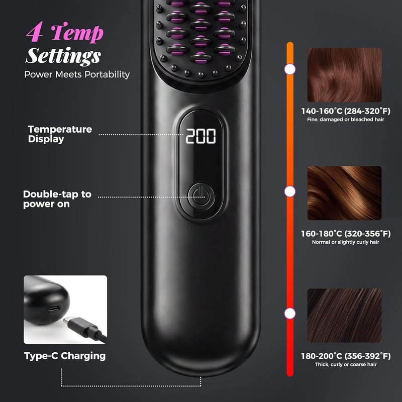 Go Brush Pro Cordless Hair Straightener Brush - Mini Design with 4 Temperature Settings | Portable Ionic & Ceramic Care (Black)