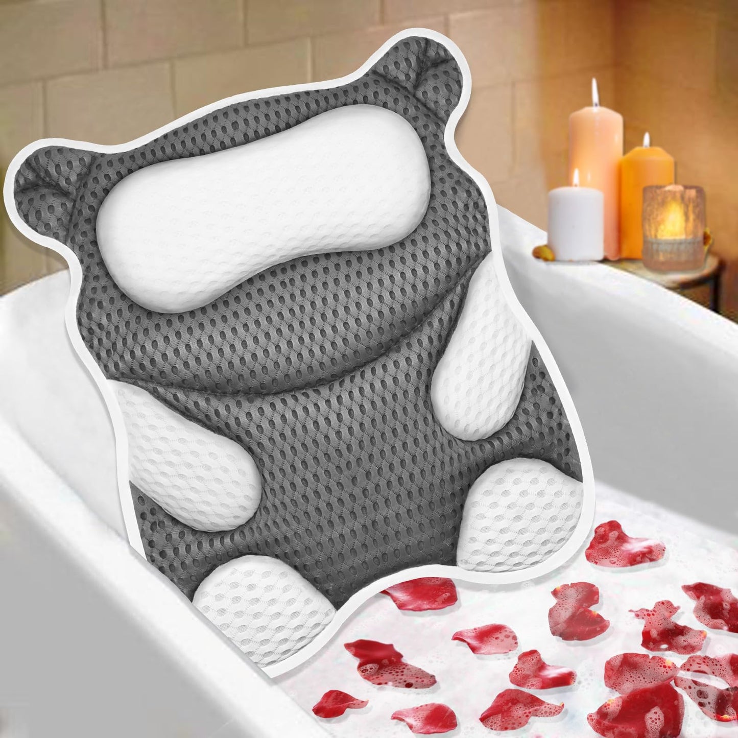 ZYIDBNG Bath Pillow for Tub Ergonomic Bear Shape Design Bath Pillow for Head and Neck Support SPA Gift Bathtub Pillow 4D Air-Mesh with 8 Suction Cups Washable Gray
