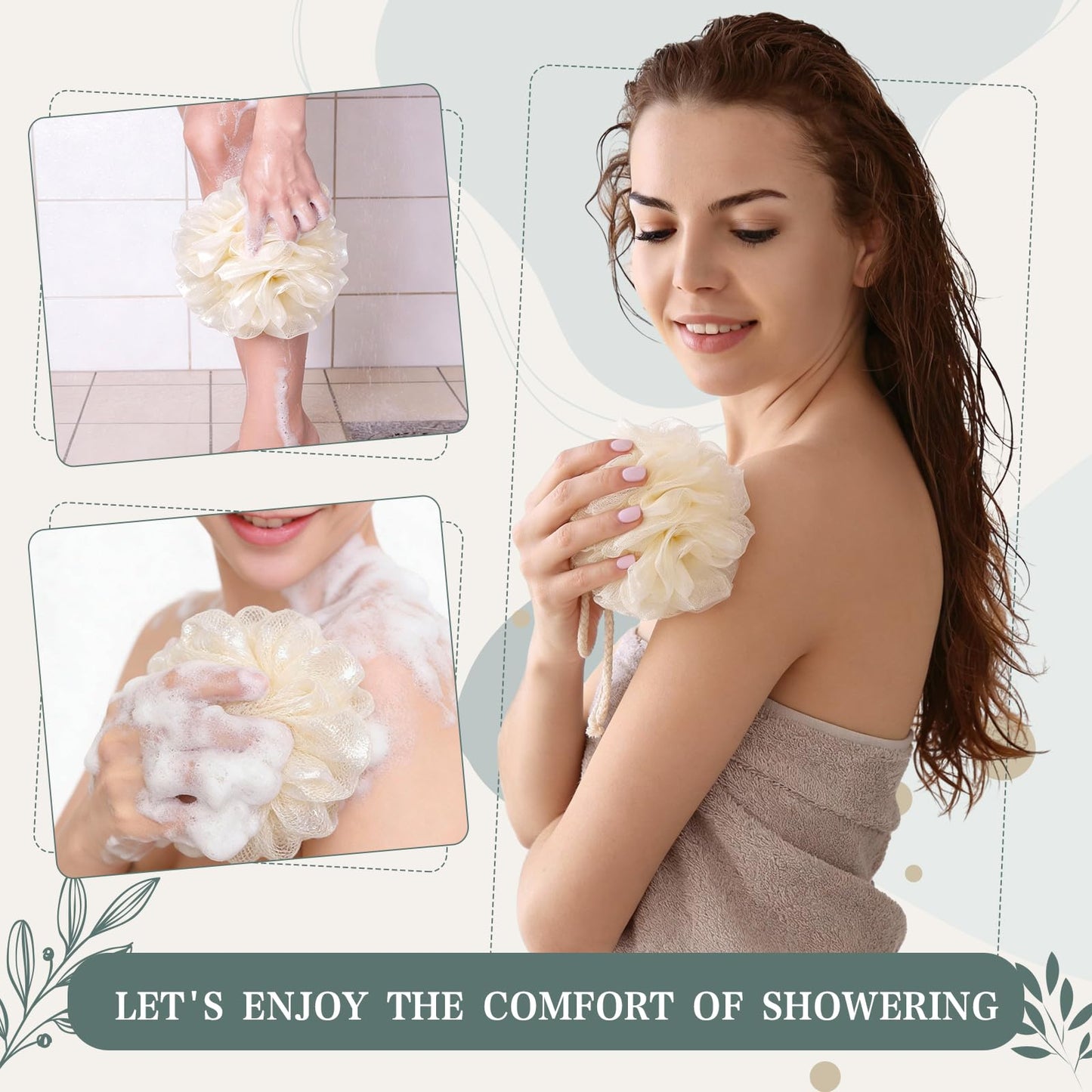 Suttmin 4 Pcs Back Scrubber Showers Set Bath Sponge Loofah Back Scrubber for Men Women Bathing Accessories Includes 1 Long Handled Shower Sponge 1 Bath Shower Luffa Pouf 2 Hooks to Hang Stuff