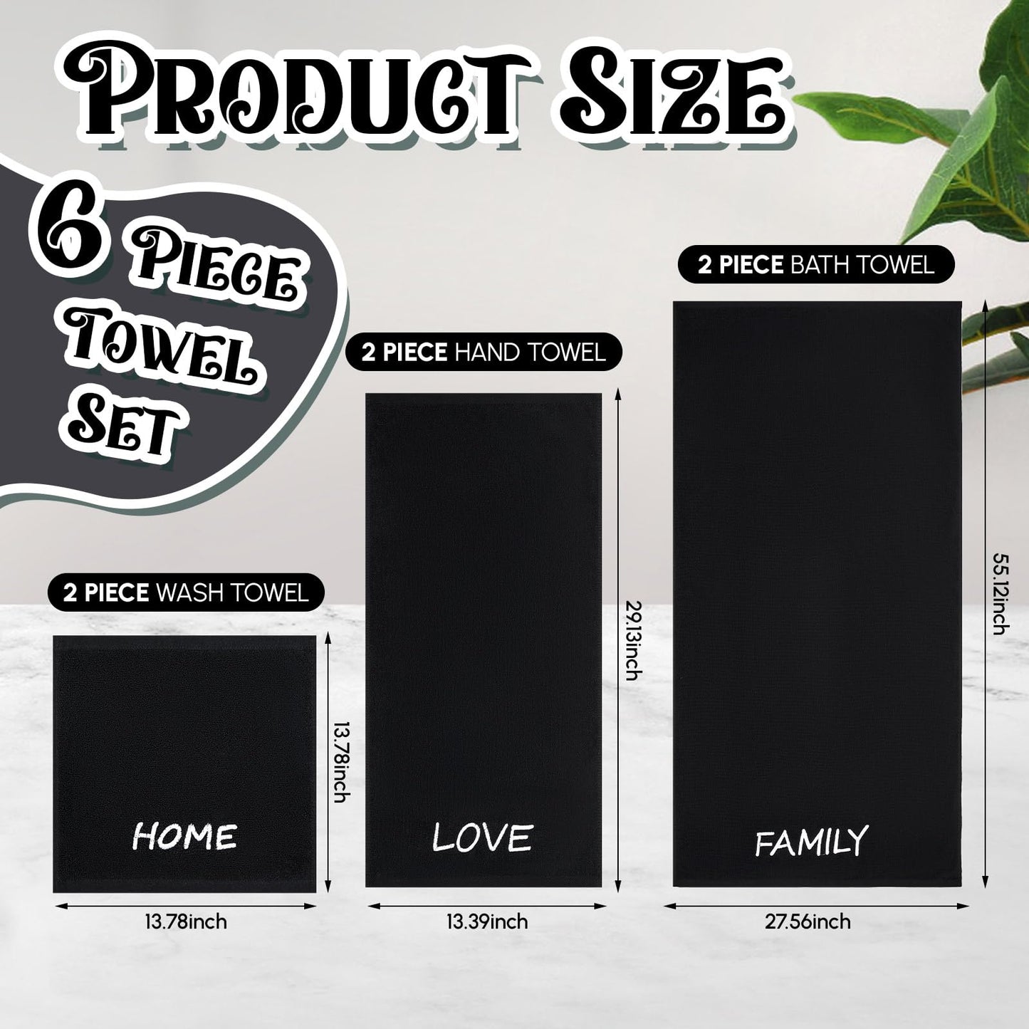 Peryiter 6 Pack Cotton Black Farmhouse Decorative Bath Towels Set, Soft and Absorbent, Contains 2 Bath Cloth, 2 Hand Cloth and 2 Washcloths