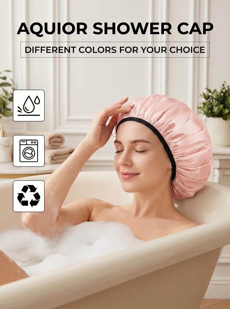 Aquior Shower Cap,Shower Cap for Women Reusable, Triple Layer Waterproof Bath Cap,Silky Satin Outer Layer Terry Lining, Extra Large for Women Long Hair(Champagne)