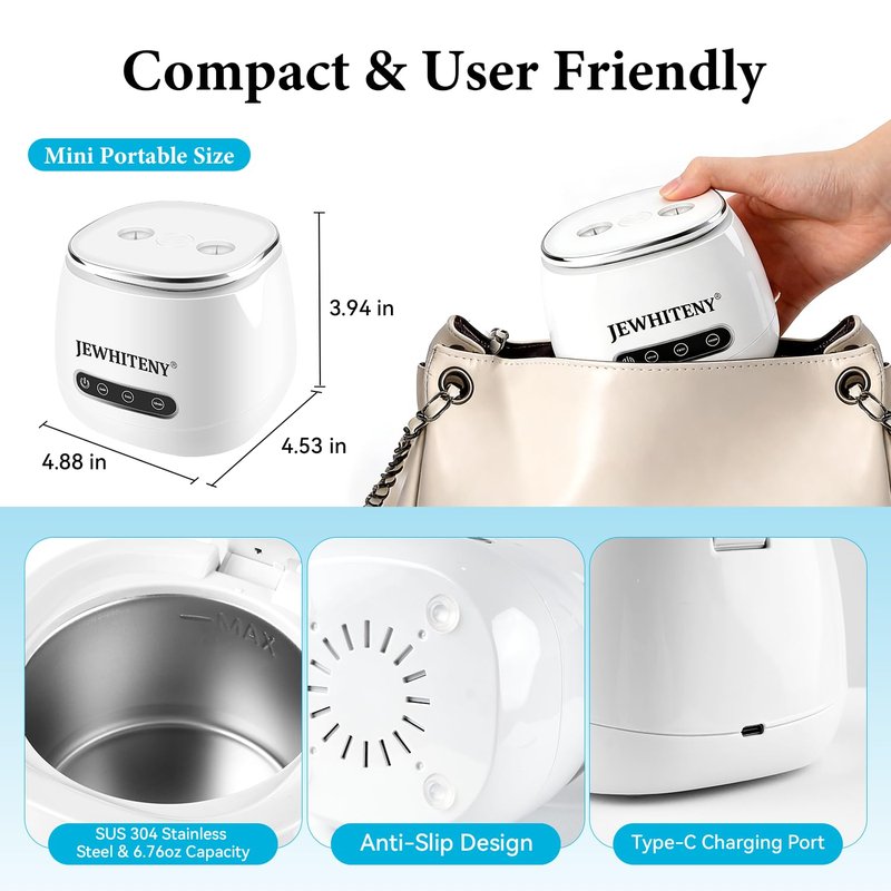 JEWHITENY 2 in 1 Rechargeable Nail Tool Cleaning Machine:3 Timers Mode for Nail Drill Bits,Automatic U V Light & 45k Hz Deep Cleaner,Nail Art Brush, Nail Clipper, Jewelry Cleaning, Salon & Home Use