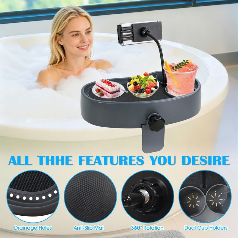 Hot Tub Table Tray with Adjustable Phone Holder, Nonslip Bathtub Table Tray, Between 2.4-7.4" Hot Tub Accessories for Adults with 2 Cup Holders, Clip-on Pool Side Table for Above Ground Bathtub (Gray)