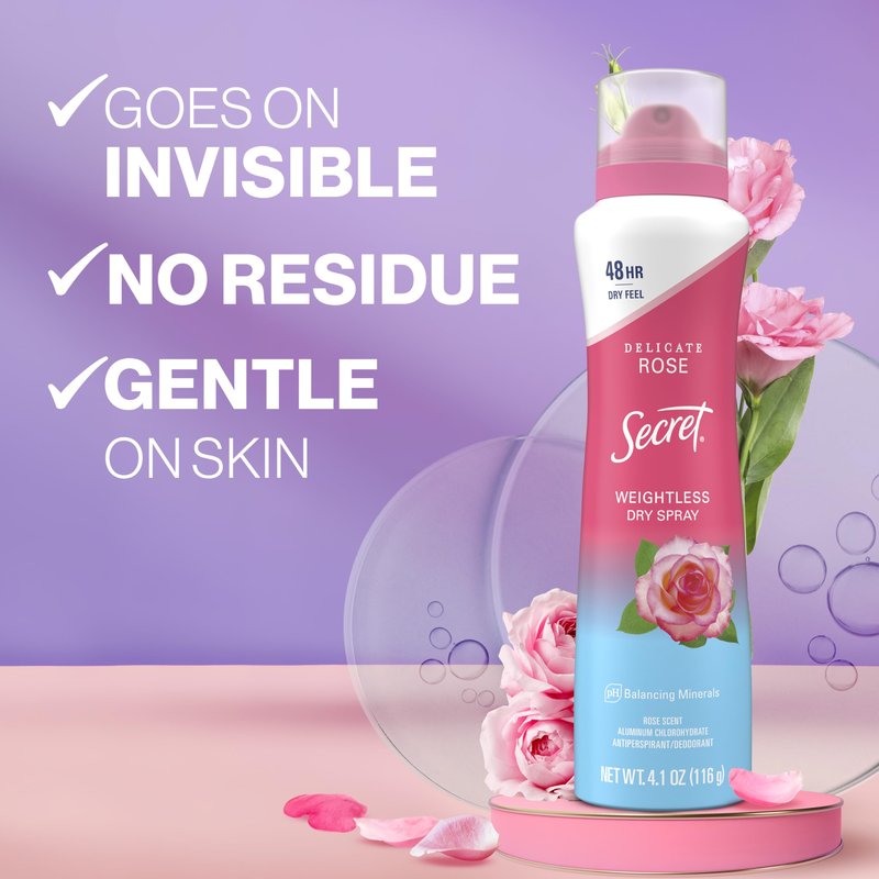 Secret Dry Spray Antiperspirant Deodorant for Women, 48hr Weightless Sweat & Odor Protection, Gentle on Skin, Wild Rose & Argan Oil Scent, 4.1 oz
