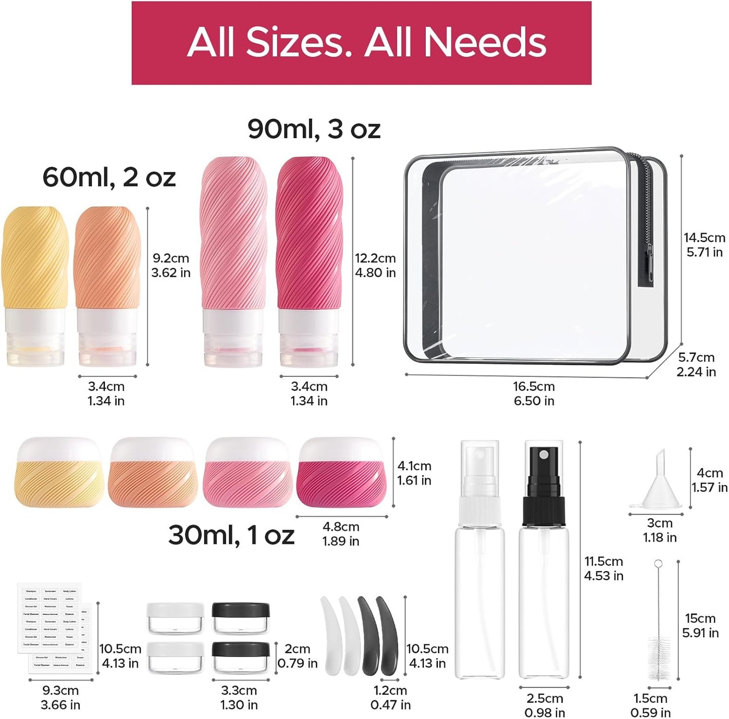 Travel Bottles - 23 Pack TSA Approved Leak-Proof Toiletry Containers | Silicone Squeezable Bottles in Clear Bag, Pink