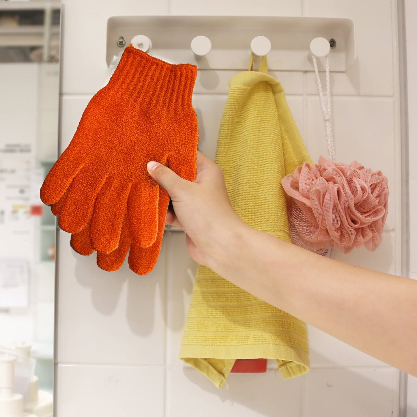 MIG4U Exfoliating Shower Gloves for Bath, Premium Nylon Body Wash Bathing Gloves for Men Women Spa, Massage and Skin Scrub, Dead Skin Remover with Hanging Loop, Orange, Regular Size