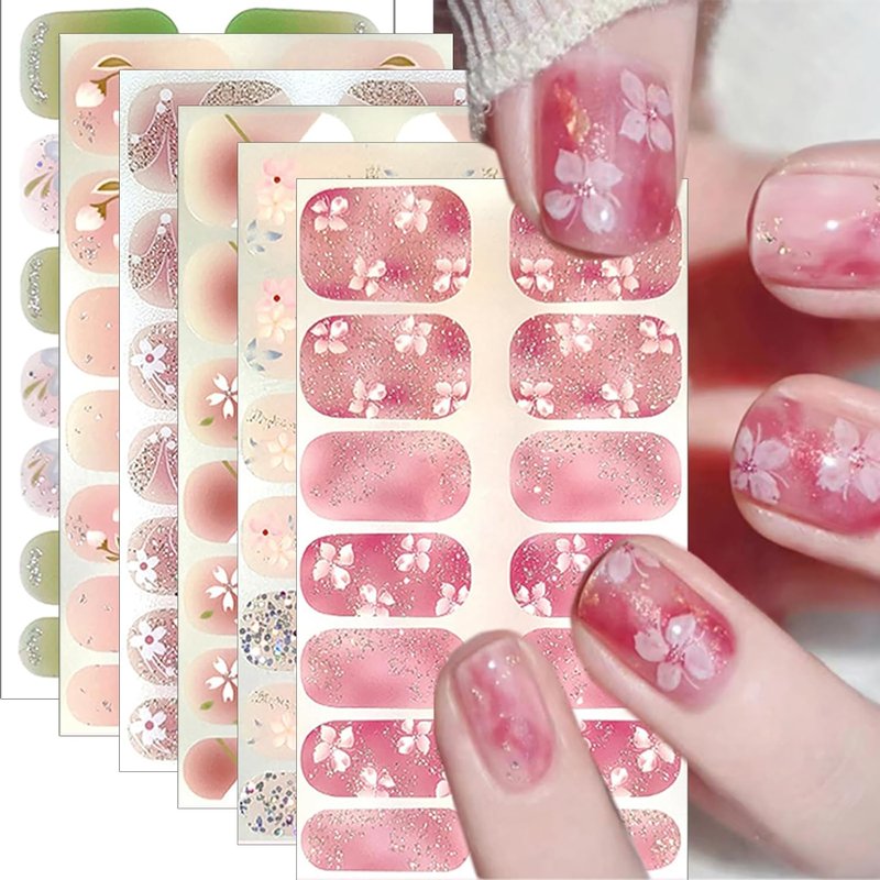 6 Sheets Spring Gel Nail Strips Stickers 3D Self-Adhesive Flower Nail Decals Pink Glitter Full Wrap Nail Stickers Cute Cherry Blossom Tulip Floral Nail Polish Strips DIY Manicure Supplies for Women