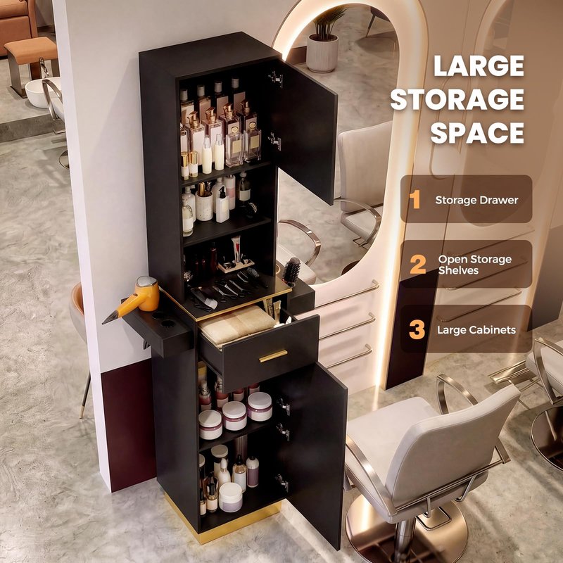 Oakvera Salon Stations for Hair Stylist, Tall Hair Salon Station with 6 Tools Holders, a Drawer, 2 Open Shelves & 3 Large Storage Cabinets for Salon, Spa & Beauty, Black