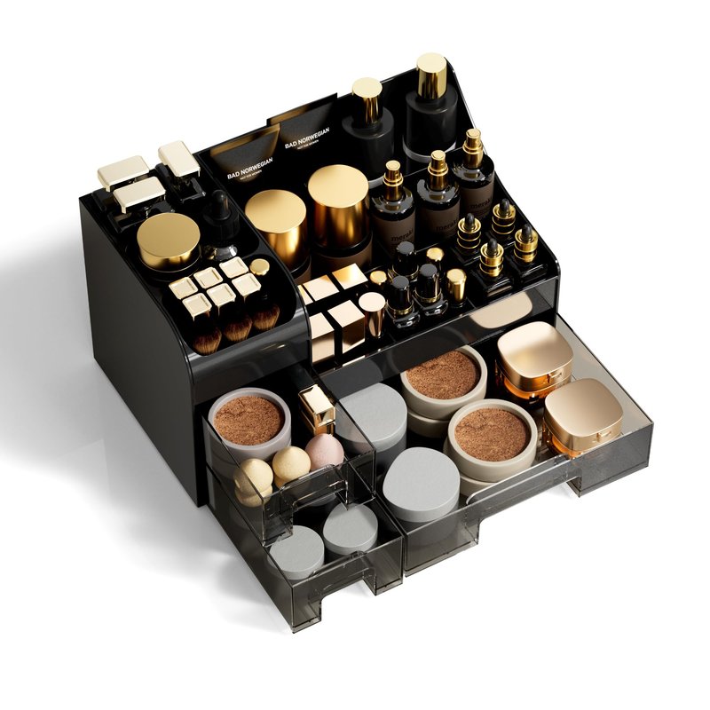 Mriluvy Makeup Organizer with Drawers,Large Cosmetic Storage Box,Countertop Skincare Organizer,ABS Makeup Brush Holder for Bathroom,Desk,Dresser,Multifunctional Beauty Display Case,Black transparent