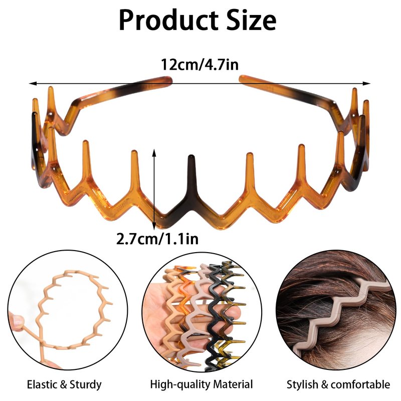 Jeffan Zig Zag Headbands, 5 Pack Plastic Wavy Hair Band with Comb Teeth Headbands for Women and Men Hair Styling Accessories