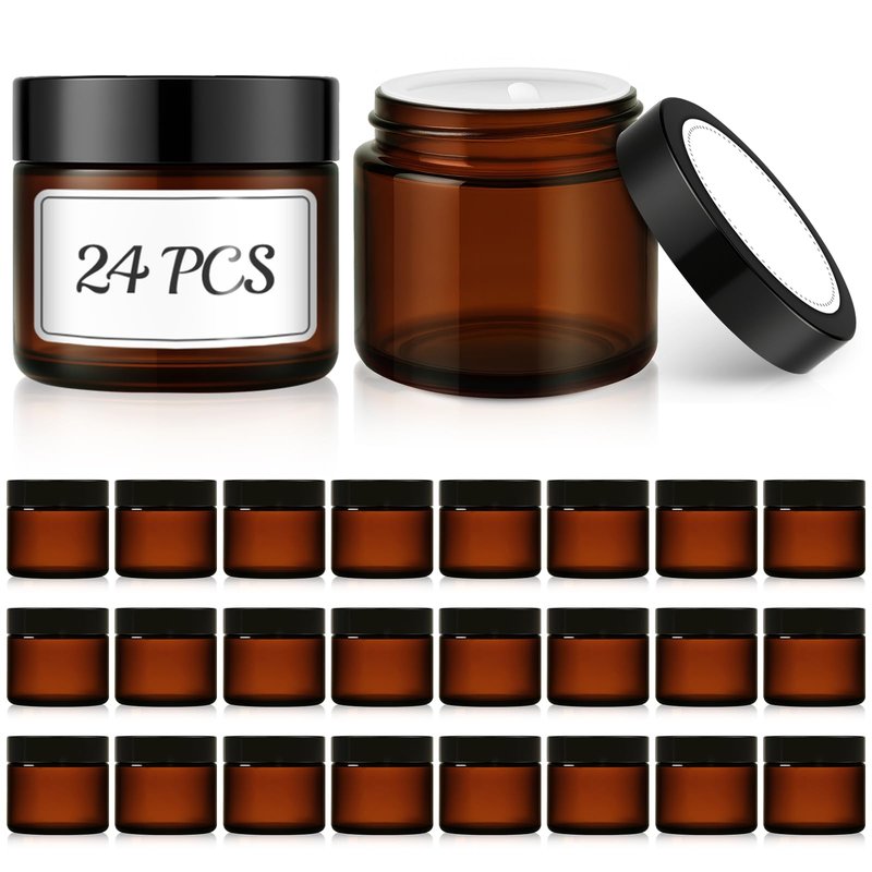 Bumobum 2 oz Small Glass Jars with Lids, 24 Pack Amber Glass Cosmetic Jars with Inner Liners, 60ml Round Empty Sample Containers for Lotion, Cream, Salve, Powders and Ointments Storage