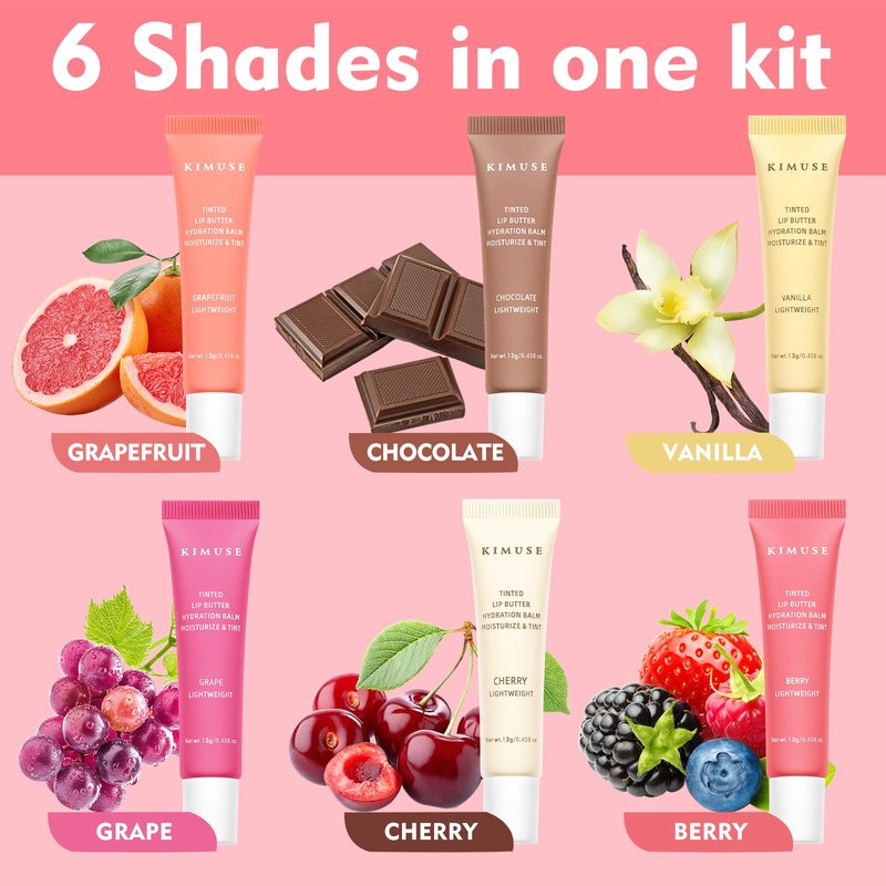 KIMUSE 6 Pcs Tinted Lip Butter Hydration Balm Set, 6 Flavored Shades Hydrating Plumping Gloss with Hyaluronic Acid & Vitamin E, Sheer Tint, Non-Sticky | Vegan Lip Care Makeup for Dry Lips & Daily