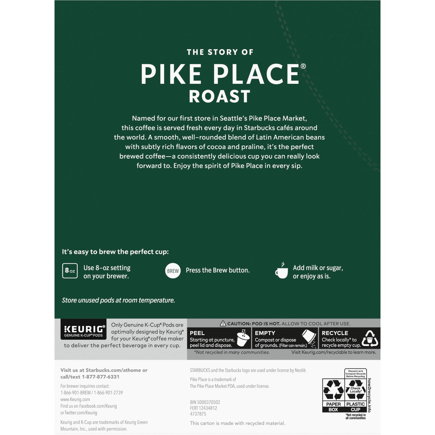 Starbucks K-Cup Coffee Pods, Medium Roast Hot or Iced Coffee, Pike Place Roast, 96 Keurig Pods