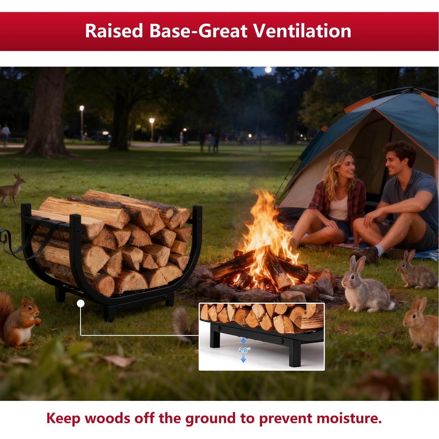 BeGyoku Firewood Rack Outdoor&Indoor,30'' Firewood Holder with Kindling Wood Hooks&Adjustable Feets,Heavy Duty Metal Log Rack,Black Curved Log Holder,Fire Wood Storage Organzier for Fireplace&Patio