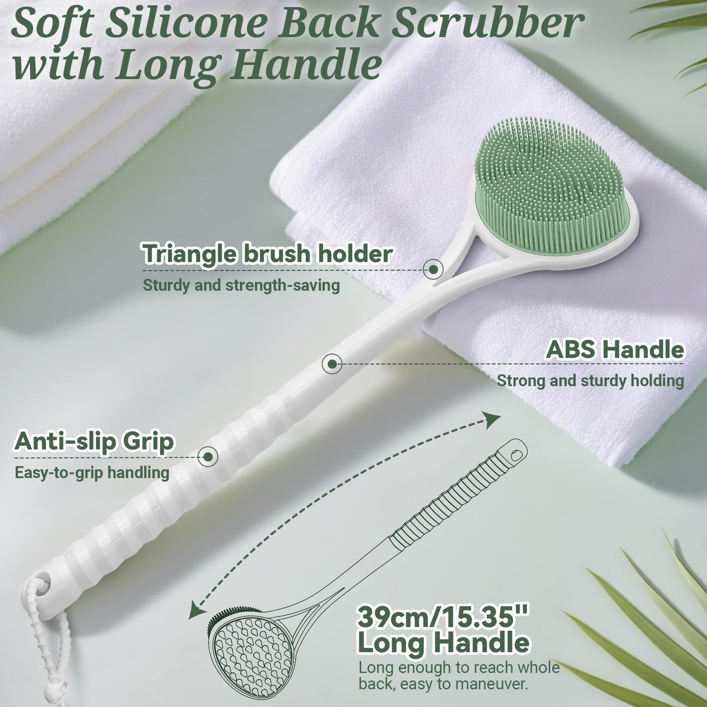 GEENOA Silicone Back Body Face Scrubbers Set 4PCS, 15.35’’ Back Scrubber Soft Body Scrubber for Dual-Side Usage, Easy-to-Hold Soft Bath Glove & Face Scrubber for Good Foaming Deep Cleaning(Green)