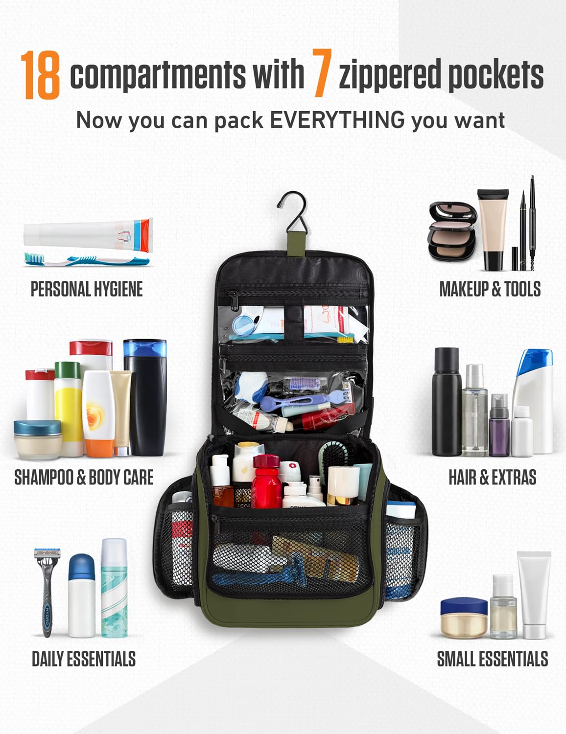 VENTURE 4TH Hanging Travel Toiletry Bag for Women & Men – Large Toiletry Organizer with 18 Compartments, Removable TSA Pouch, Travel Wash Bag for Toiletries, Makeup & Shaving Kit (Dark Green)