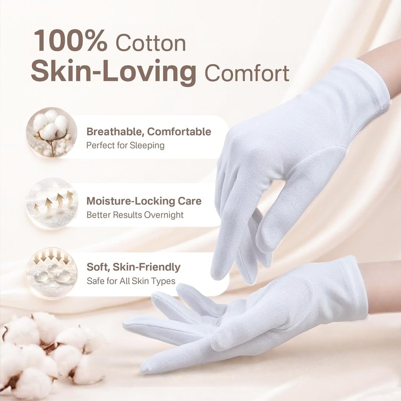 Cotton Gloves for Dry Hands - 4 Pairs Moisturizing Overnight Spa Gloves | 100% Cotton Eczema Care