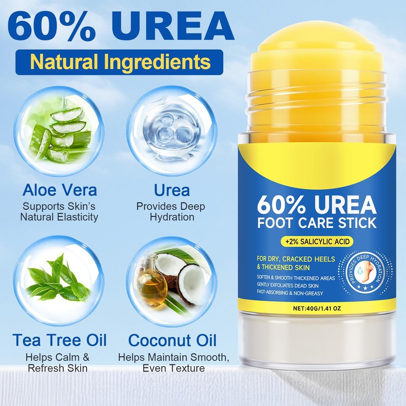 60% Urea Cream Stick with 2% Salicylic Acid, Maximum Strength Foot Cream Stick for Dry Cracked Heels & Calluses, Rapidly Softens Thick Skin - Non-Greasy & Fast Acting - 2-Day Visible Results