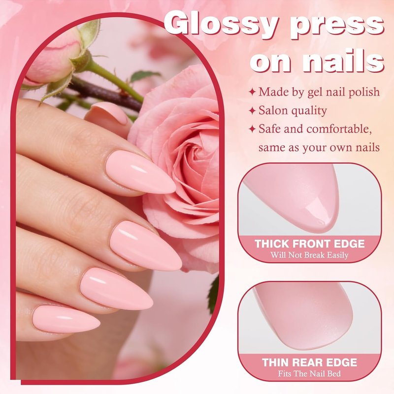 Press On Nails Short Almond - Baby Pink 160 Pcs Set with 5 Jelly Tabs | 16 Sizes for Women