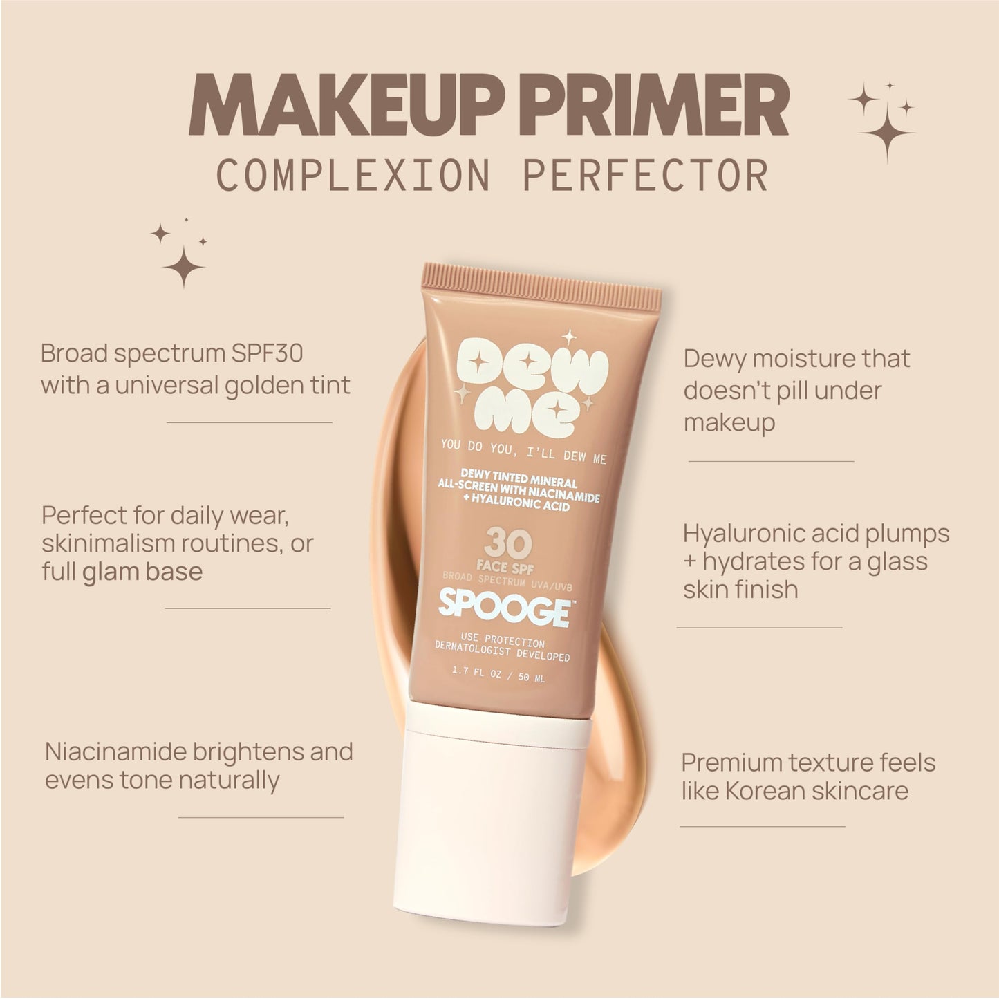 Spooge Dew Me | Tinted Mineral Sunscreen SPF 30 | Zinc Oxide Sunblock | Tinted Sunscreen For Face & Body | Golden Glow Dewy Finish | Dermatologist Developed Formula | Reef Safe Sunblock | 1.7oz