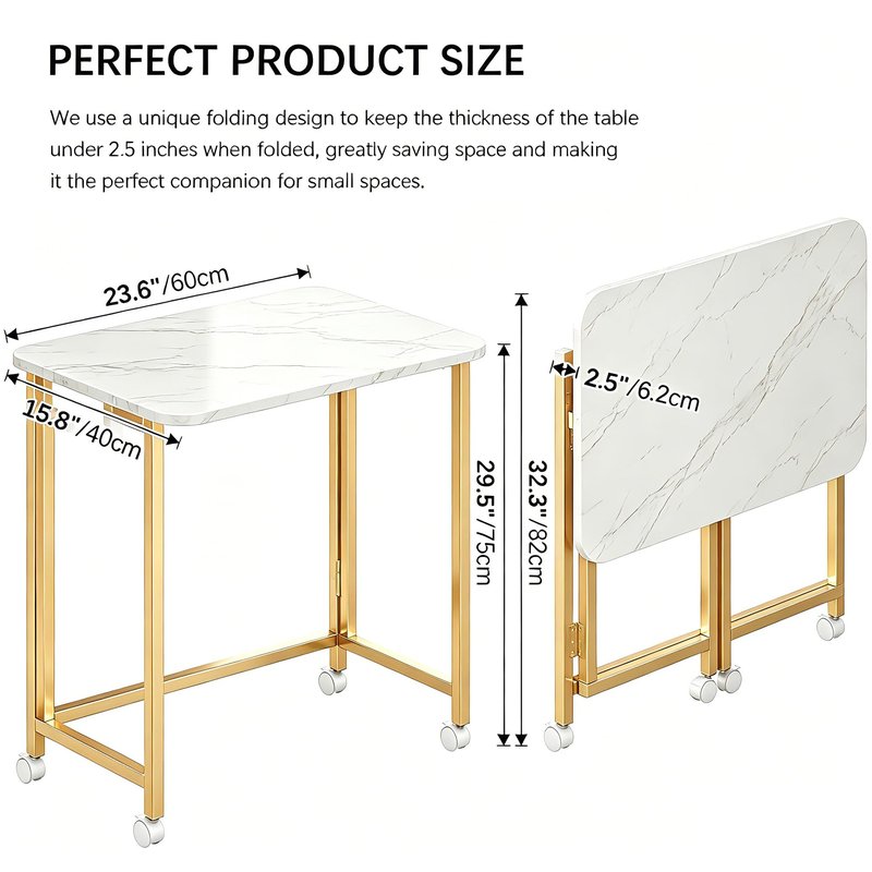 JSB Small Folding Computer Desk with Storage Bag and Hook Writing Modern Industrial Work Table Laptop for Home Office White (White&Gold, 23.6")